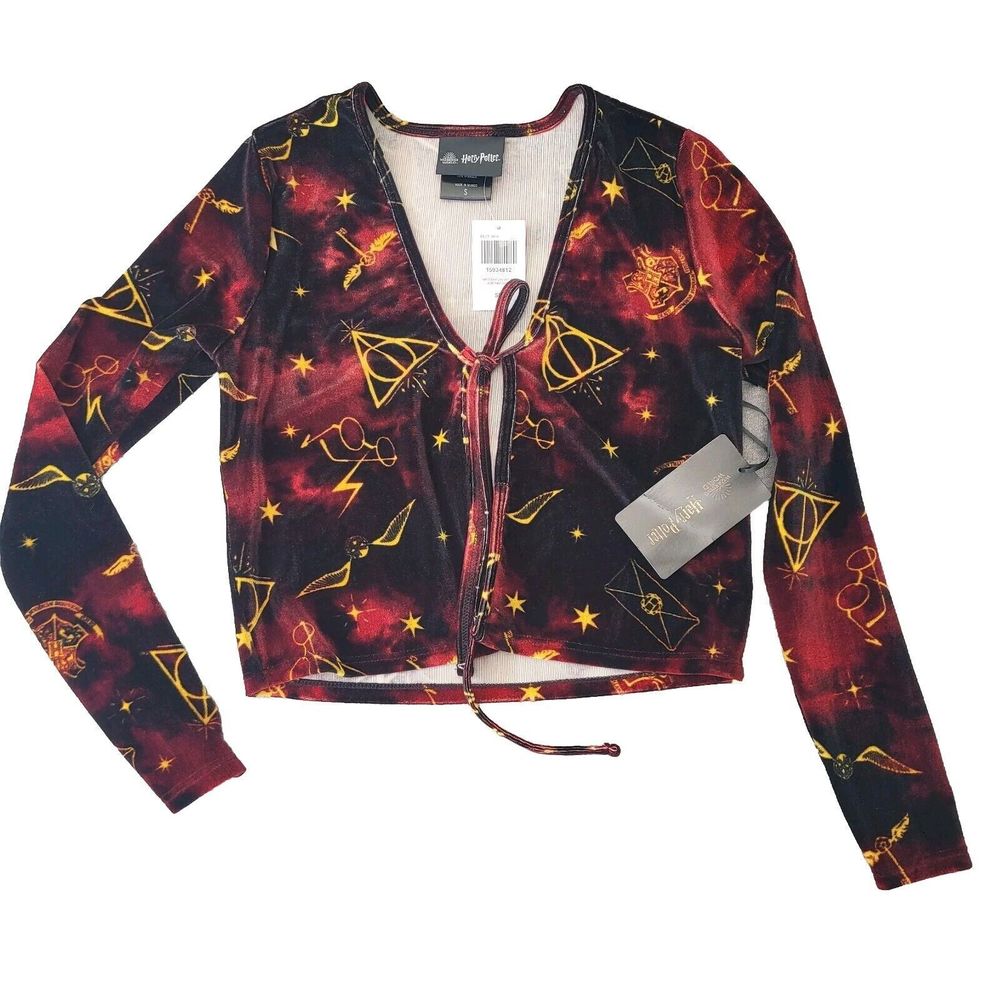 NWT Harry Potter Deathly Hallows Velvet Tie-Front Open Sweater SMALL
